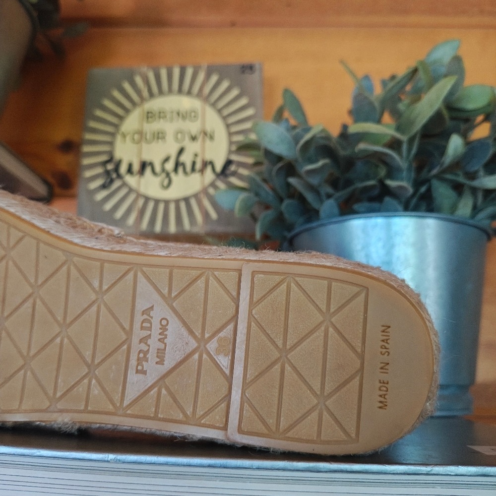 Prada Milano Embroidered Tan Jute Linen Burlap Shoe Espadrille Flats EUC Sz 36/6 - Picture 12 of 13